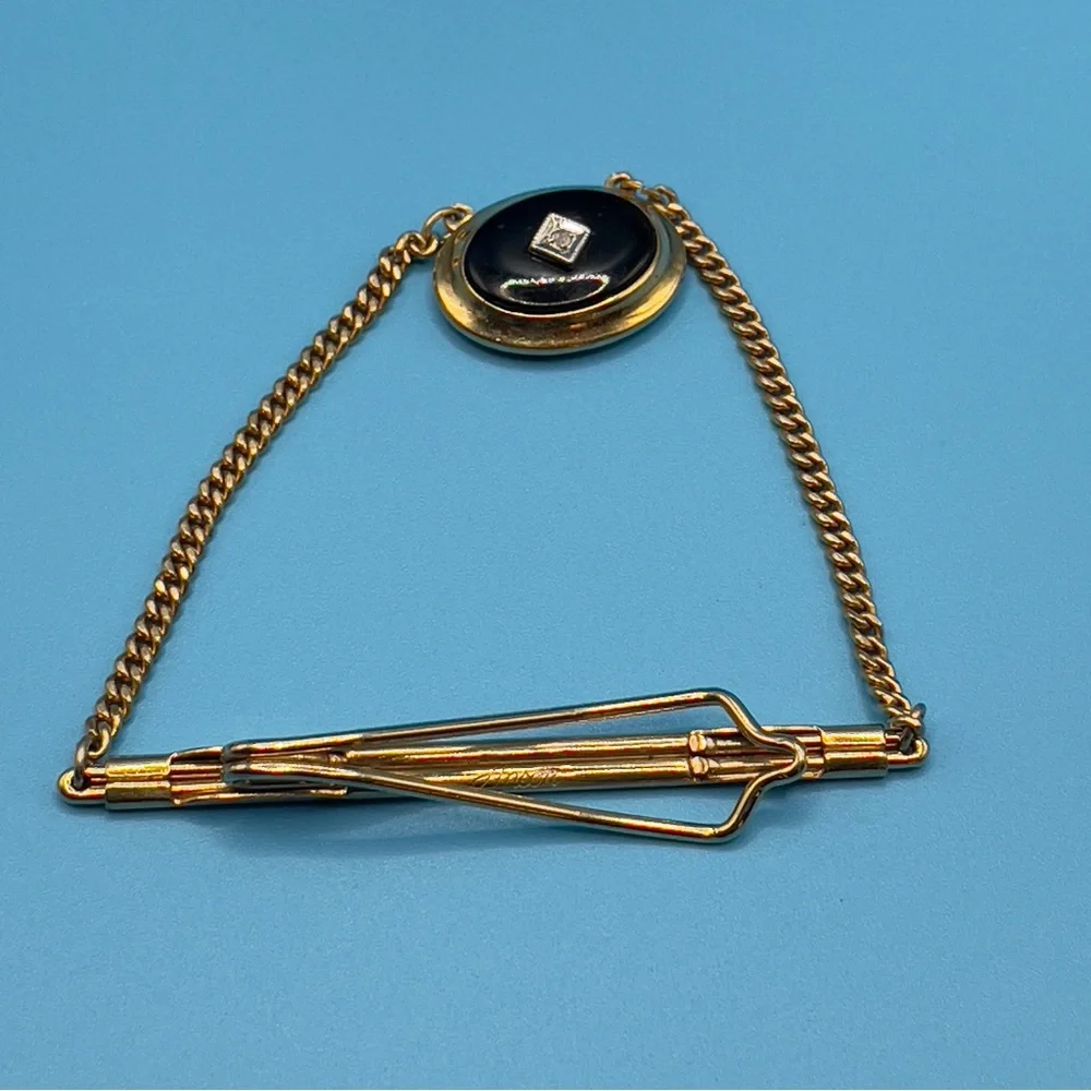 Vintage Anson Gold Tone Black Onyx Rhinestone Tie Clip with Chain Adjustable ✨